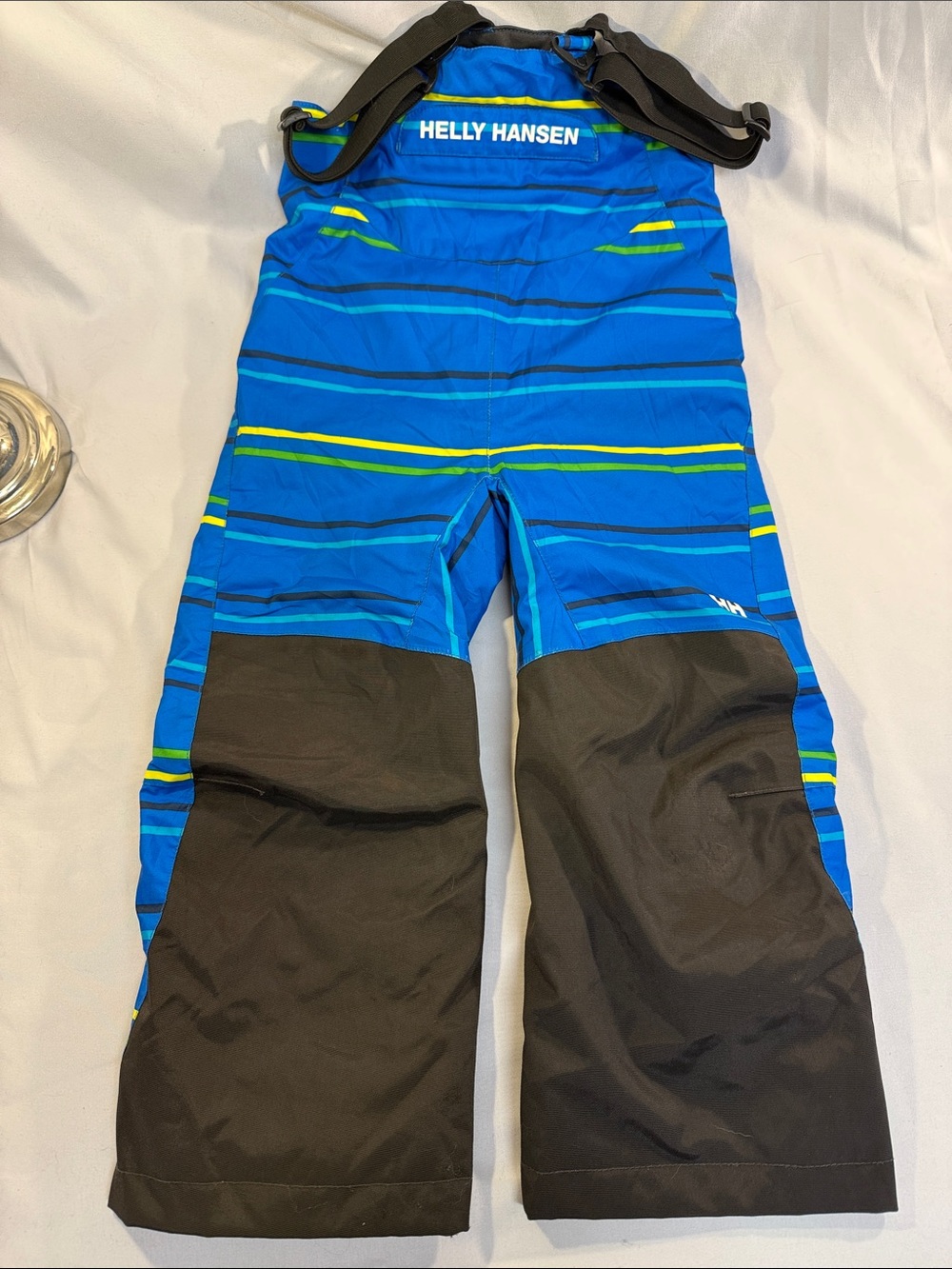Helly Hansen NEW Blue Striped Kids Snow Overalls with Neon Green Accents